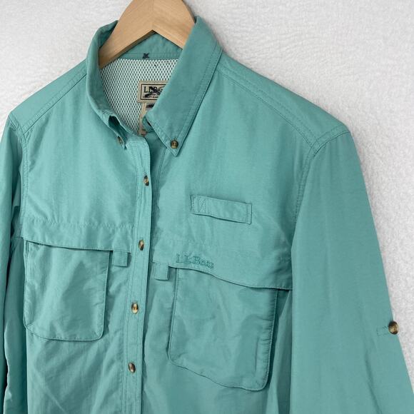 LL BEAN Shirt Womens M Vented Camp Fishing Roll Tab Sleeve Hunting Mesh Green - Picture 8 of 13